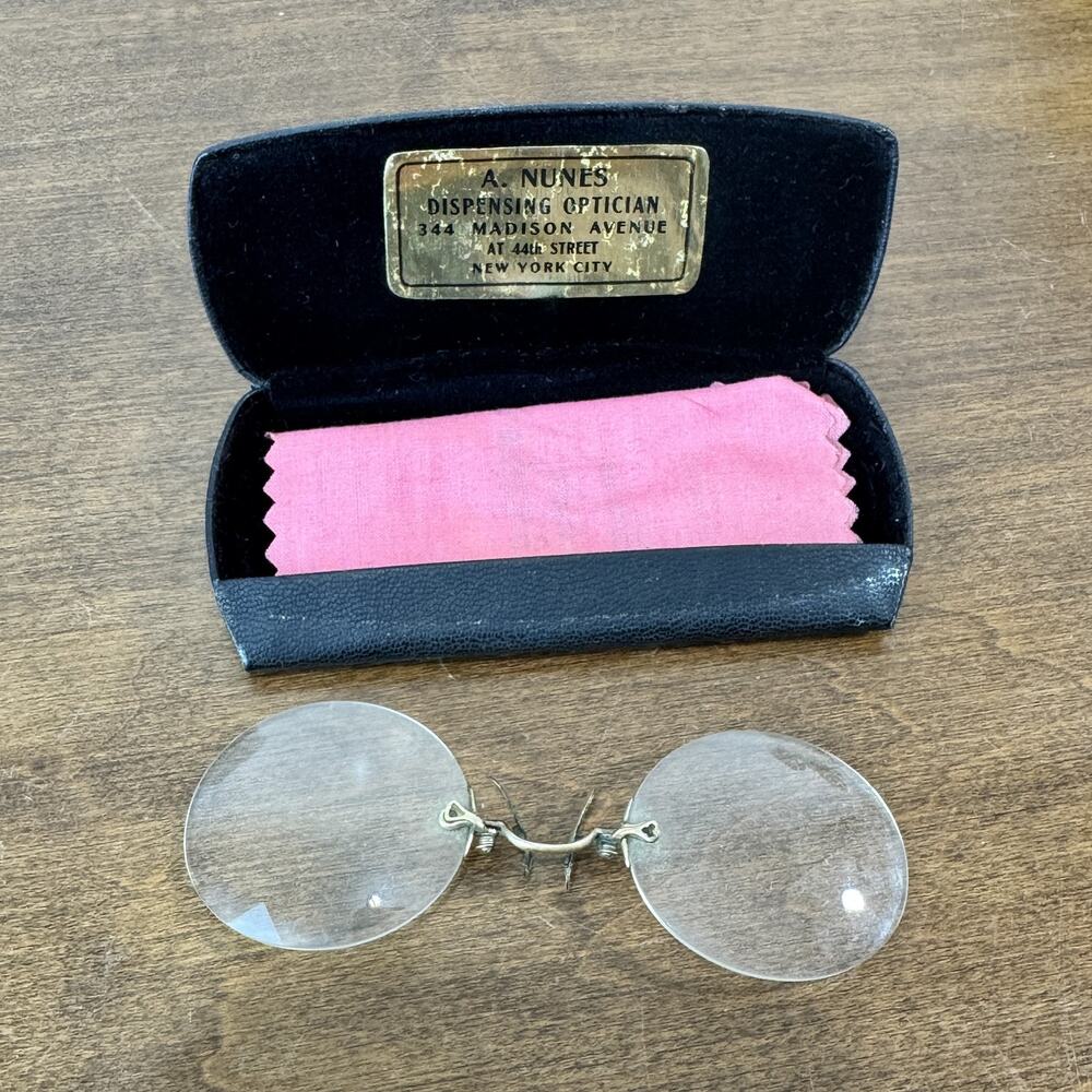 Antique A. Nunes New York Pince-Nez Glasses W/ Original Case & Cloth Pre-1930